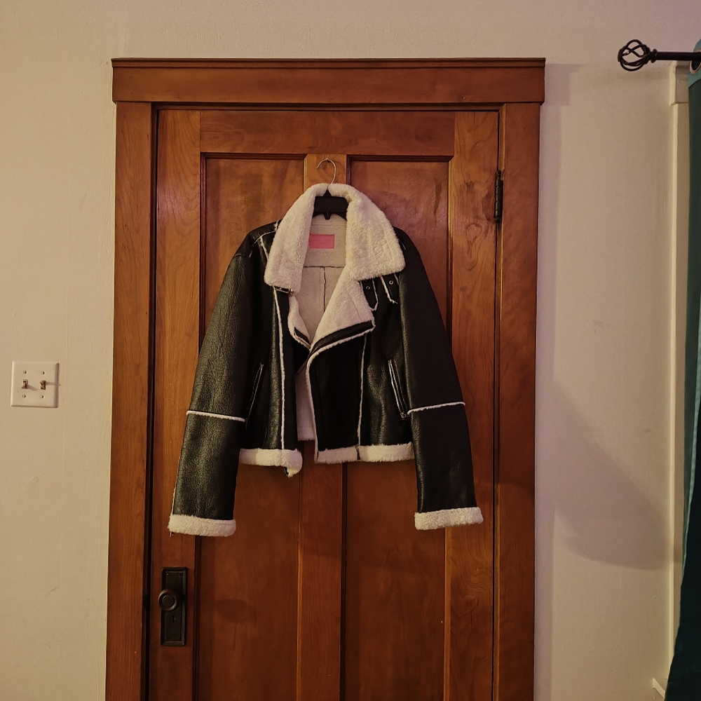 Black and White Moto Jacket with Glossy Finish